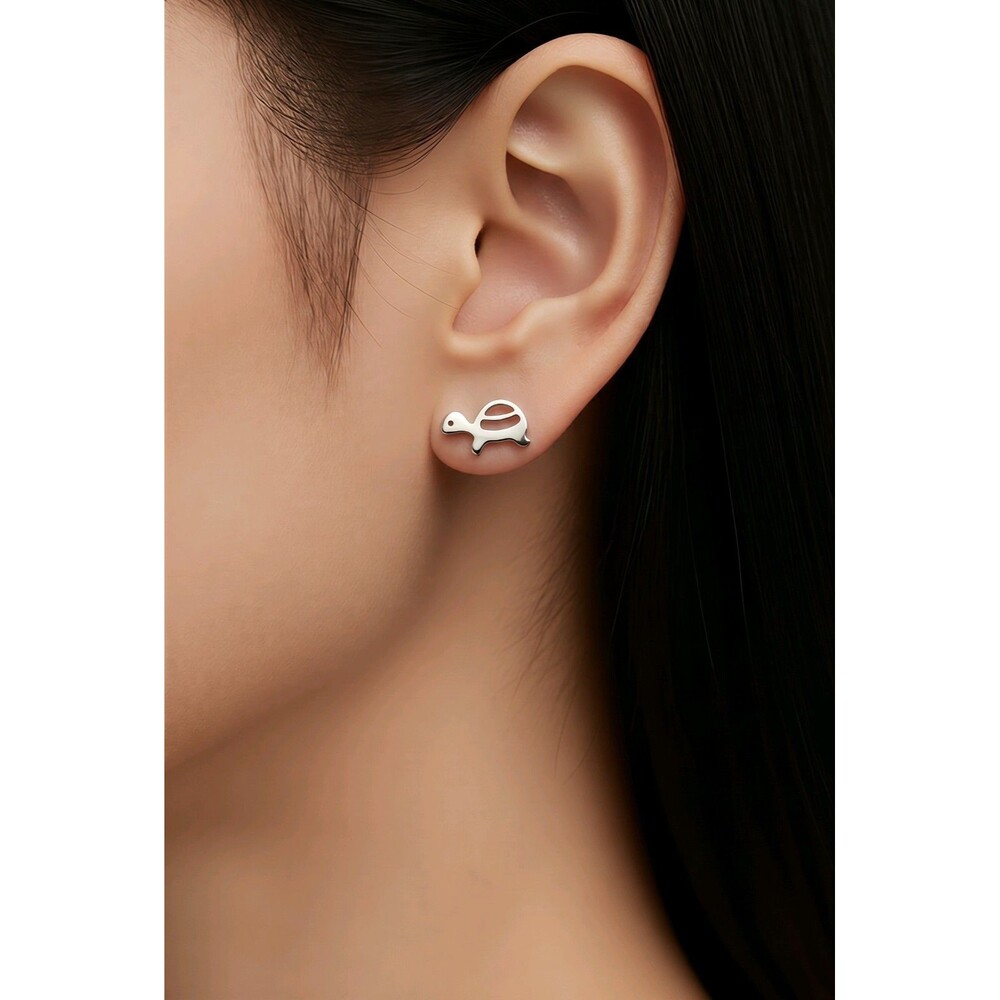 Turtle Stainless Steel Hypoallergenic Stud Silver Tone Earrings
